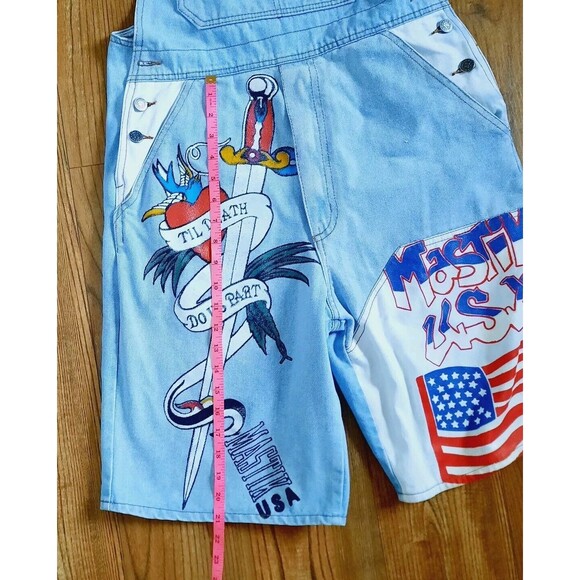 Vintage 90s Mastik Painted Denim Overalls Shorts Shortalls Women Size M USA - Picture 10 of 13